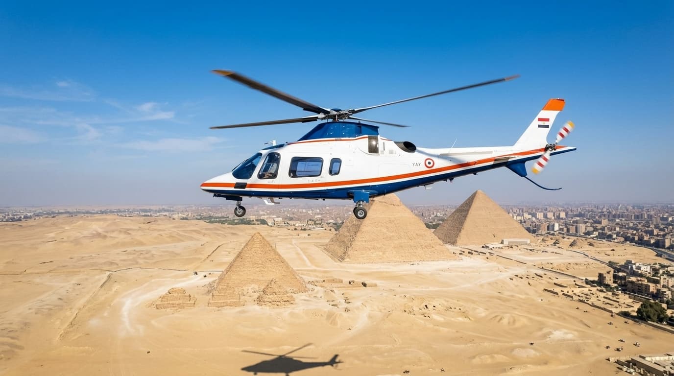 Helicopter view over the Pyramids of Giza